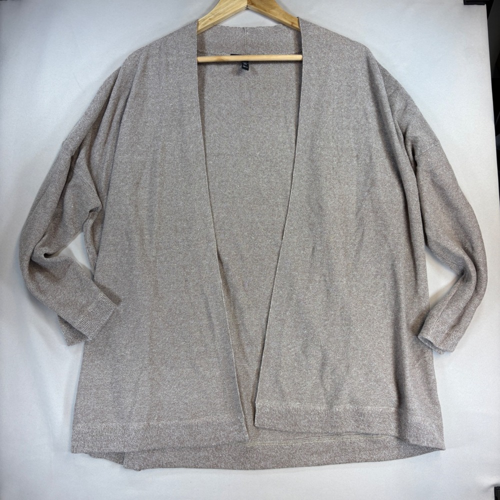 Eileen Fisher Open Knit Cardigan Large Tan Organic Linen Minimalist Quiet Luxury